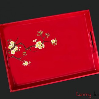 Rectangle red lacquer tray with hand painted apricot blossom 25x35 cm